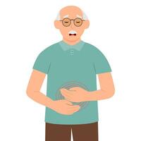 Senior Mann mit Bauch schmerzen berühren Bauch. Bauch Schmerz. Appendizitis, Essen Vergiftung, Durchfall. Vektor Illustration.