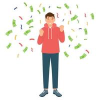 Lycklig ung man under pengar regn. de begrepp av vinnande de lotteri. pengar och företag finansiera, lotteri och awards.vector illustration vektor