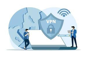 virtuell Privat Netzwerk Konzept. Menschen verwenden vpn Technologie System zu schützen ihr persönlich Daten auf Smartphones, vpn Technologie System, Browser entsperren Webseiten, Internet Verbindung. vektor