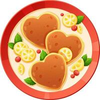 hjärta pannkakor för pannkaka dag med citron- skivor, bär och mynta löv, topp se. vektor illustration av utsökt mat i tecknad serie stil