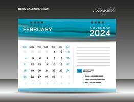skrivbord kalander 2024 - februari 2024 mall, kalender 2024 design mall, planerare, enkel, vägg kalender design, vecka börjar på söndag, utskrift, reklam, blå vattenfärg bakgrund, vektor