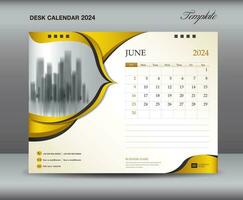 kalender 2024 mall på guld bakgrunder lyxig begrepp, juni 2024 mall, skrivbord kalender 2024 design, vägg kalender mall, planerare, utskrift media, annons, vektor