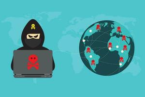 Hacker im schwarz Kapuze mit Laptop versuchen zu Cyber Attacke. Vektor Illustration eps 10.