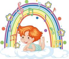 cupid pojke på molnet med melodisymboler på regnbågen vektor
