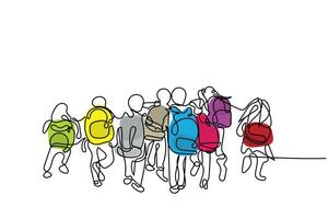kontinuerlig linje konst av en grupp av barn gående till skola eller tillbaka till skola. vektor