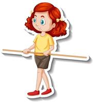 Zeichentrickfigur-Aufkleber mit einem Mädchen, das einen Holzstab hält vektor