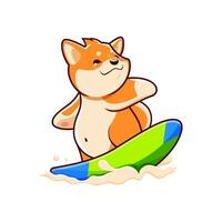 tecknad serie söt söt shiba inu hund surfing i hav vektor