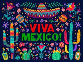 viva mexico baner med sombrero, kaktus, blommor vektor