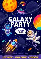 Galaxis Party Flyer. Karikatur Kind Astronaut, Außerirdischer vektor