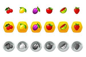 frukt spel ikoner för kasino spår maskin, spelande, lotterier eller mobil pussel ui element. frukt ikoner för spår symboler vektor