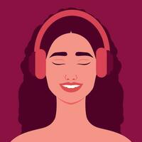 schön lächelnd Frau Hören zu Musik- im Kopfhörer. glücklich Mädchen im Kopfhörer. Benutzerbild. Vektor Illustration