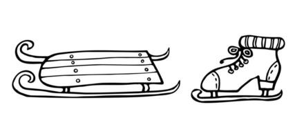 Gekritzel Schlitten und Rollschuhe. einfach Linie Zeichnung von Winter Sport Objekte. modisch Gekritzel Vektor Illustration. vorgefertigt Logo oder Symbol. isoliert auf Weiß Hintergrund.