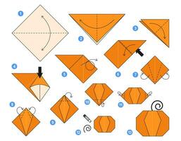 Kürbis Origami planen Lernprogramm ziehen um Modell. Origami zum Kinder. Schritt durch Schritt Wie zu machen ein süß Origami Gemüse. Vektor Illustration.