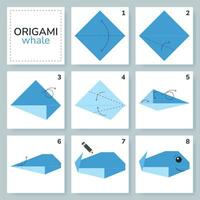 Wal Origami planen Lernprogramm ziehen um Modell. Origami zum Kinder. Schritt durch Schritt Wie zu machen ein süß Origami Marine Tier. Vektor Illustration.