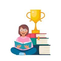 Stapel von Bücher mit golden Tasse Trophäe. Lektüre, Literatur, Enzyklopädie. Mädchen Sitzung in der Nähe von das Stapel von Bücher und lesen Buch. Genius Kind. Wissen, Kreativität, Entdeckungen. Vektor Illustration.