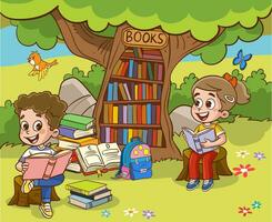 bok läsare, söt skog liv och tillbaka till skola flott vektor scen.böcker dag, utomhus- bibliotek för smart djur och barn.