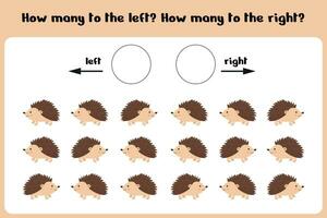 logisch Spiel zum Kinder links rechts. Ausbildung Blatt. Anzahl Wie viele Igel sind gedreht zu das links und Wie viele zu das links. Vektor Illustration