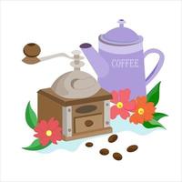 kaffekvarn och vattenkokare. kaffekanna och kvarn, spannmål. vektor
