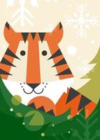 affisch med tiger, gran och snöflingor. vektor