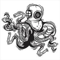 handgezeichnete Vektorgrafik eines Oktopus mit Taucherhelm vektor