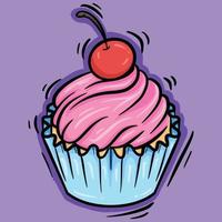 Cupcake-Umriss-Cartoon-Vektor-Illustration mit Kirsche vektor