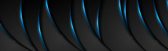 schwarz Technik abstrakt wellig Banner mit Blau Neon- glühend Licht vektor