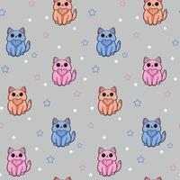 Cartoon nahtloses Muster mit einer kleinen Katze und Sternen auf dem Grau vektor