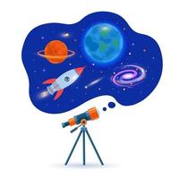 astronomisches Teleskoprohr, Weltraum, Galaxie, Planeten und fliegende Rakete vektor