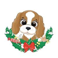 söt hund med julkrans. vektor illustration.