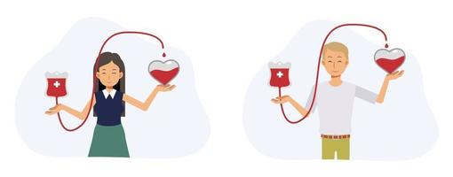 bloddonationskoncept. välgörenhet, volontär som donerar blod nära hjärtat vektor