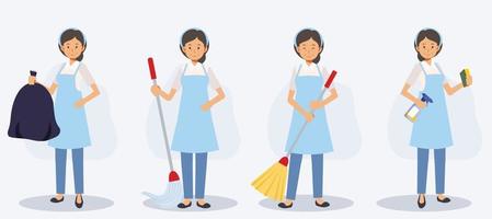 uppsättning kvinnlig renare i olika handlingar, svepande, mopping vektor