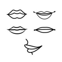 Mensch Lippen Vektor Symbol einstellen von Lächeln oder Glücklich, neutral, zu traurig Ausdruck Gliederung isoliert auf Platz Weiß Hintergrund. einfach eben einfarbig schwarz und Weiß Karikatur Kunst gestylt Zeichnung.