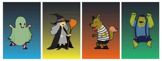 Sammlung von Jahrgang Stil Halloween Zeichen einschließlich Monster, Geister, Wölfe und Hexen. Vektor Illustration