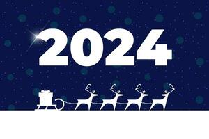 Urlaub Santa claus Hirsch mit Geschenk auf Schlitten Einladung Gruß Karte. glücklich Neu Jahr 2024 und fröhlich Weihnachten Beschriftung auf Kalender Abdeckung. Weihnachten Rentier Silhouette beim Magie Nacht eps Illustration vektor