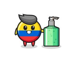 süßer kolumbianischer Flaggen-Abzeichen-Cartoon mit Händedesinfektionsmittel vektor