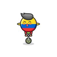 Der süße kolumbianische Flaggen-Abzeichen-Charakter fährt ein Zirkusrad vektor
