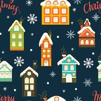 sömlös mönster med jul snöig hus i platt stil vektor