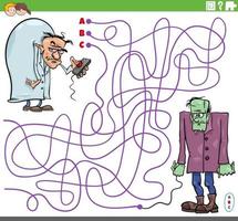 labyrintspel med tecknad ond forskare och zombie vektor