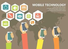 Handy, Mobiltelefon Technologie und Anwendungen Konzept. Hände mit Telefone und Anwendung Symbole. eben Vektor Illustration.