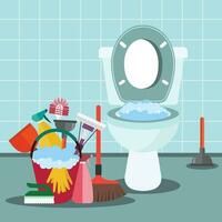rengöring service begrepp. badrum interiör med toalett skål och rengöring Utrustning. platt vektor illustration.