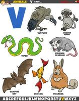 tecknad serie djur- tecken för brev v pedagogisk uppsättning vektor