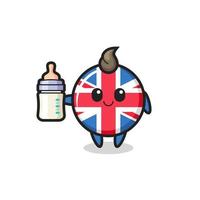 Baby Großbritannien Flagge Abzeichen Zeichentrickfigur mit Milchflasche vektor