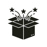 Magie Box Überraschung Silhouette Symbol. Weihnachten Magie Paket mit Konfetti Glyphe Piktogramm. öffnen Geburtstag Geschenk solide unterzeichnen. Gruß Geschenk, Feier Preis- Symbol. isoliert Vektor Illustration.