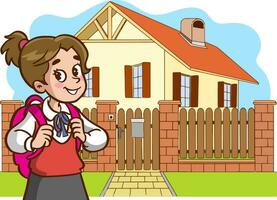 illustration av en söt liten skola flicka i främre av en skola byggnad vektor