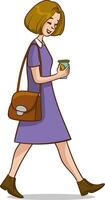 Illustration von ein Mädchen Gehen mit ein Tasche und ein Kaffee Tasse vektor