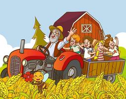 Karikatur Illustration von glücklich Familie haben Spaß auf Bauernhof mit Traktor. vektor