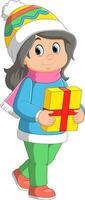 Karikatur jung Mädchen im rot Santa Kleider halten Geschenk Kisten vektor