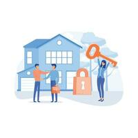 verklig egendom företag begrepp. uppköp en hus, hus nycklar, skydd och säkerhet, verklig egendom och nyckelfärdig hyra, lägenhet vektor modern illustration