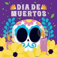 dia de los muertos bakgrund med blommor och skalle vektor illustration