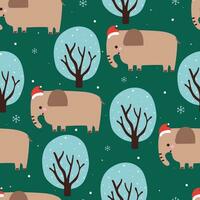 sömlös mönster tecknad serie elefant och träd i vinter- dag. söt jul tapet för gåva slå in papper vektor